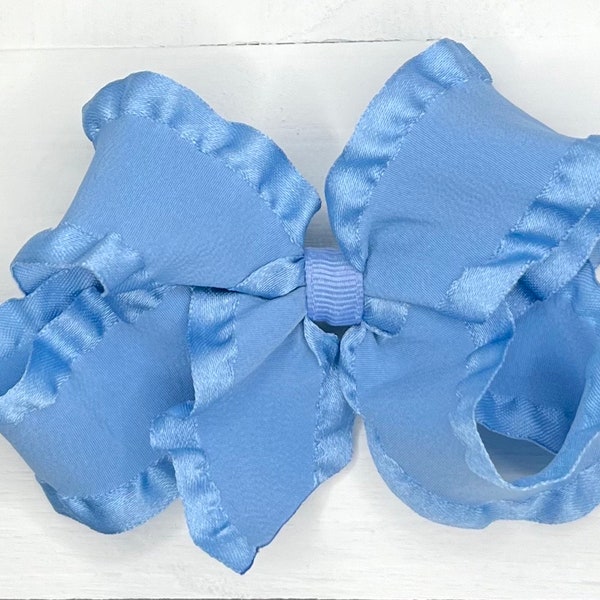 Bluebird Blue Ruffle Satin Hair Bow, Bows for Girls, Hair Bows, Girls Spring Bow, Baby Bow Headband Gift, Toddler Bow, No Slip Hair Clip