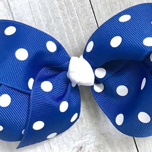 Royal Blue Polka Dot Hair Bow, Hair Bows, Big Bows for Girls, Birthday Girls Bow, Baby Bow, Toddler School Bow Barrette, No Slip Hair Clip