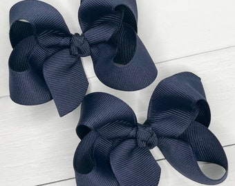 Navy Blue Hair Bow, Hair Bows, Bows for Girls, Girls Boutique Bow, Baby Bow Headband, Toddler Pigtail Bows, No Slip Hair Clip, Small 3” Bow