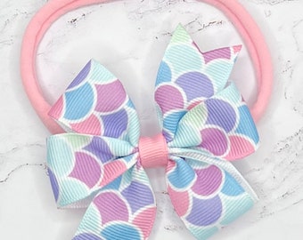 Pastel Mermaid Baby Bow Headband, Baby Headbands, Newborn Nylon Headband, Girls Hair Bow, Infant Bow, Small 3” Bow For Girls, Pink-Purple