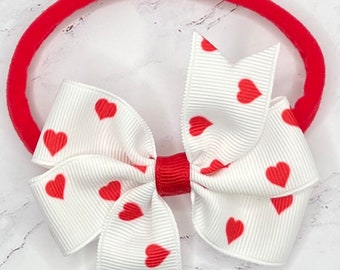 Valentine’s Day Heart Bow Headband, Nylon Baby Headbands, Red Hearts Hair Bow, Newborn Baby Bow, Toddler Girls Bow, Small 3” Bows For Girls