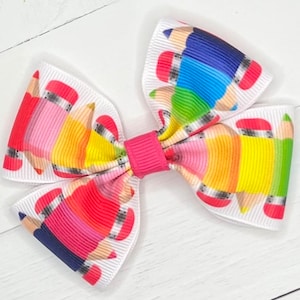 Colored Pencil Crayons Hair Bow, Hair Bows, Back To School Bow, First Day of School Bow, Girls Pigtail Bow, Pre K Hair Clip, Bows for Girls