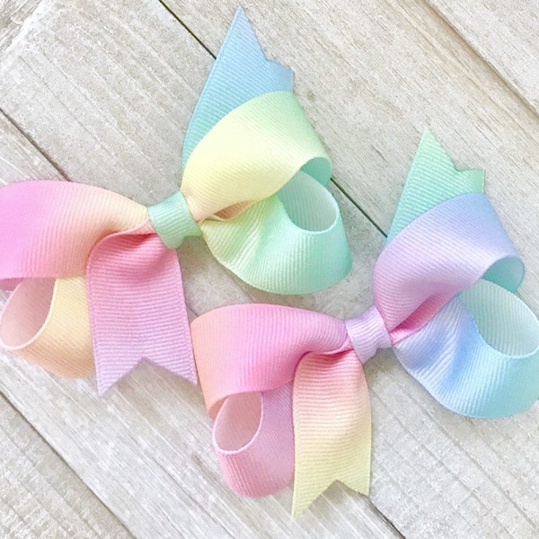Pastel Rainbow Hair Bows, Hair Bows, Bows for Girls, Ombre Baby Bow, Toddler Pigtail Bow, Girl Birthday Bow, Small 3” Bow, No Slip Hair Clip