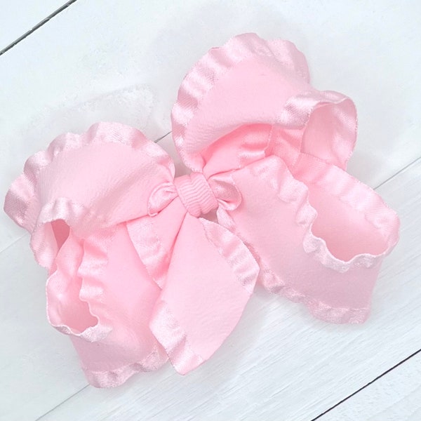 Light Pink Ruffle Satin Hair Bow, Hair Bows, Bows for Girls, Spring Baby Bow Headband, Flower Girls Bow, Toddler Bow, No Slip Hair Clip