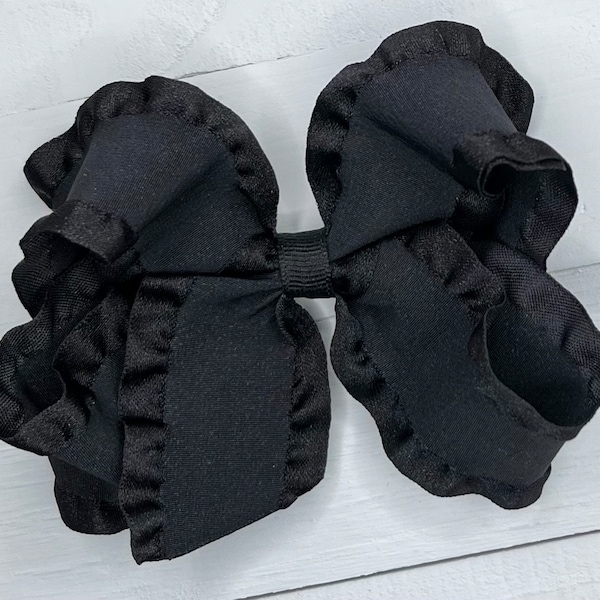 Black Double Ruffle Satin Hair Bow, Hair Bows, Bows for Girls, Flower Girls Bow, Baby Bow Headband, Toddler Pageant Bow, No Slip Hair Clip