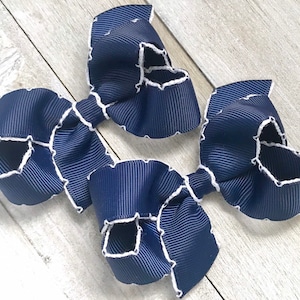 Small Navy Blue Moonstitch Hair Bow, Hair Bows, Back To School Uniform Bow, Girls Bow, School Pigtail Hair Clips, Baby Bow, Bows for Girls