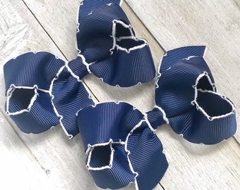 Navy Blue Moonstitch Hair Bows, Hair Bows, Small 3” Bows for Girls, Girls July 4th Bow, Baby Bow, Toddler Pigtail Bows, No Slip Hair Clip