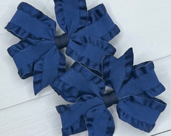 Navy Blue Ruffle Satin Bow, Hair Bows, Bows for Girls, Girls Bow, Baby Bow Headband, Toddler Bow, Small Pigtail Bows, No Slip Hair Clip