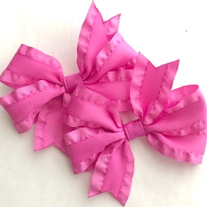Hot Pink Double Ruffle Hair Bow, Hair Bows, Back to School Bow, Frilly Satin Bow, Girls Pigtail Bows, Hot Pink Hair Clip, Bows for Girls