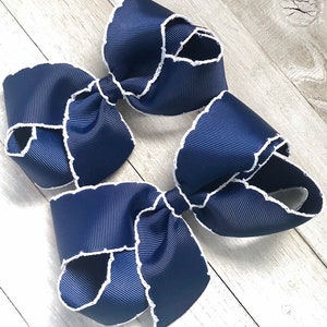 Navy Blue Moonstitch Hair Bow, Hair Bows, Bows for Girls, Girls Boutique Hair Bow, Baby Bow Headband, Big Toddler Bow, No Slip Hair Clip