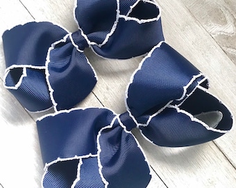 Navy Blue Moonstitch Hair Bow, Hair Bows, Bows for Girls, Girls Boutique Hair Bow, Baby Bow Headband, Big Toddler Bow, No Slip Hair Clip