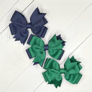 Set of 3-Navy and Dark Green School Uniform Bows, Hair Bows, Back To School Bows, Girls Double Pinwheel Hair Clips, Bows for Girls, #61/#77