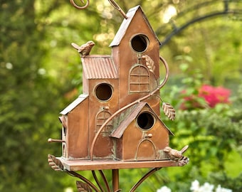 Copper Bungalow Birdhouse Garden Stake, Four Home Birdhouse, Outdoor Yard Decor, Rustic Copper Finish, Unique Garden Gift
