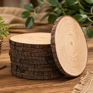 May include: A stack of rustic wooden coasters with natural bark edges. The coasters are round, with visible growth rings, and are made of light brown wood. The stack is on a wooden surface, with a small plant in a woven basket in the background.