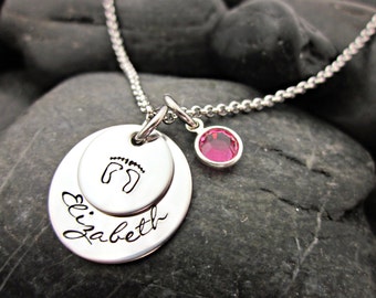 Personalized Mother's Necklace - New Mom - Name - Baby Feet -  - Birthstone - Layered