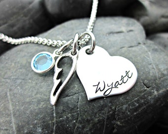 Infant / Child Loss - Personalized Remembrance Necklace with Name on Heart, Angel Wing and Crystal