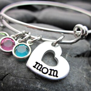 Adjustable Bangle Bracelet Mother's Bracelet For Mom Heart and Birthstone image 2