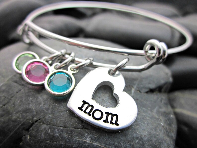 Adjustable Bangle Bracelet Mother's Bracelet For Mom Heart and Birthstone image 2