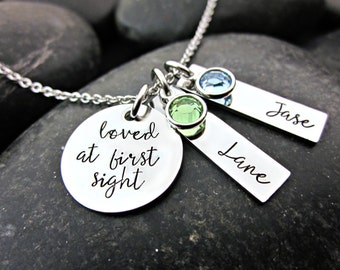 Mother's Necklace - Loved at First Sight - Personalized with Names and Birthstones - Adoption - Foster Mom