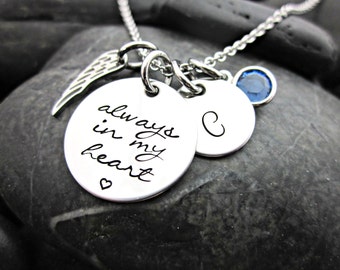 Memorial Necklace - Always in my Heart - Angel Wing - Initial - Birth Stone