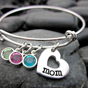 Adjustable Bangle Bracelet Mother's Bracelet For Mom Heart and Birthstone image 1