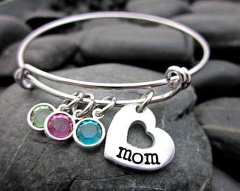 Adjustable Bangle Bracelet - Mother's Bracelet - For Mom - Heart and Birthstone