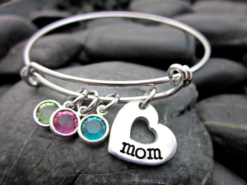 Adjustable Bangle Bracelet Mother's Bracelet For Mom Heart and Birthstone image 1