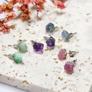 Silver Plated Raw Natural Stone Stud Earrings for Women, Healing Crystal Earring, Amethyst Aquamarine Ruby Earring, Gemstone Studs