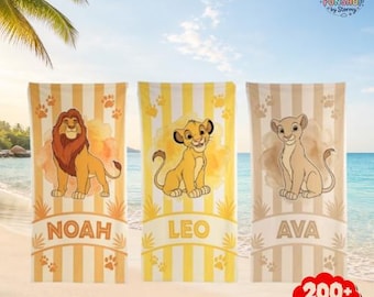 Personalized Disneyland Lion King Striped Beach Towel, Simba Timon Pumbaa Pool Party Towels, Disneyland Bath Towel, Summer Vacation Gift