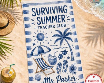 Serviette de plage survivante Summer Teacher Club, serviette de plage avec nom personnalisé pour enseignant, serviette de plage sans enseignement, cadeaux de remerciement pour enseignant