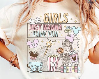 Retro 90s Disneyland Castle Girls Just Wanna Have Fun Trip T-shirt, Minnie and Daisy Girls Couples Girl Trip Tee, Disneyland Girls Trip