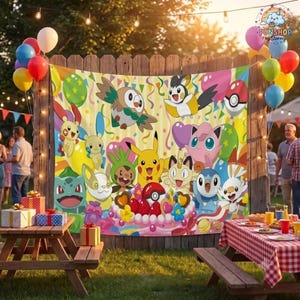 P0kemon Birthday Backdrop, P0kemon Themed Birthday Party Decor, Birthday Tapestry Banner, P0kemon Go Theme Decor, Photo Booth Backdrop