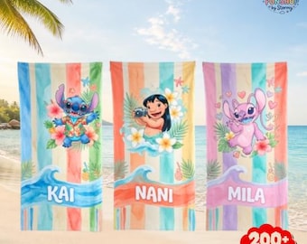 Custom Stich Beach Towel, Custom Lilo & Stitch Characters Beach Towel, Disneyland Matching Beach Towel, Personalized Summer Bath Towel