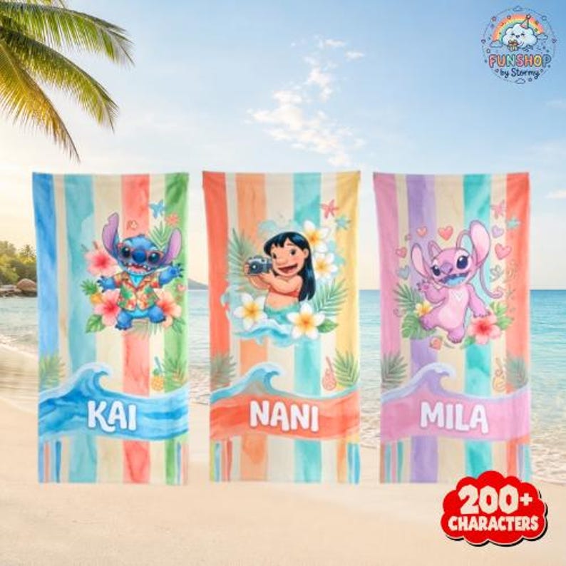 Custom Stich Beach Towel, Custom Lilo & Stitch Characters Beach Towel, Disneyland Matching Beach Towel, Personalized Summer Bath Towel image 1