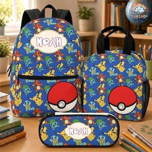 Personalized P0kemon Backpack Set, Custom Name School Bag, Pokeball Lunch Box, Gift for Son, Boys Girls School Supplies