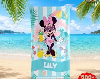 Serviette de plage personnalisée à rayures Mickey Minnie Disneyland, serviette de plage d'été personnalisée, serviette de piscine Disneyland, serviette de vacances d'été