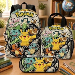 P0kemon Backpack Set, School Bag with Lunch Box, Anime Pencil Case, Pikachu Gift for Boy, Manga Style Bookbag