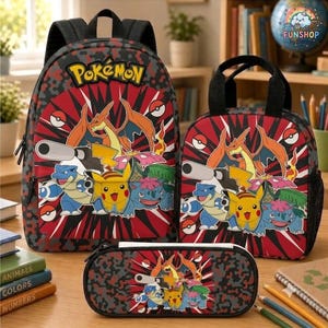 Pokemon Backpack Set for Kids, Charizard Pikachu Lunch Bag, Pokemon School Supplies, Gift for Boys, Back to School