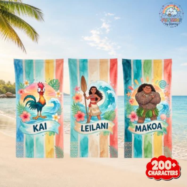 Custom Name Moana Maui Hei Hei Summer Towel, Personalized Moana Beach Towel, Polynesian Princess Pool Towel, Personalized Summer Bath Towel image 1