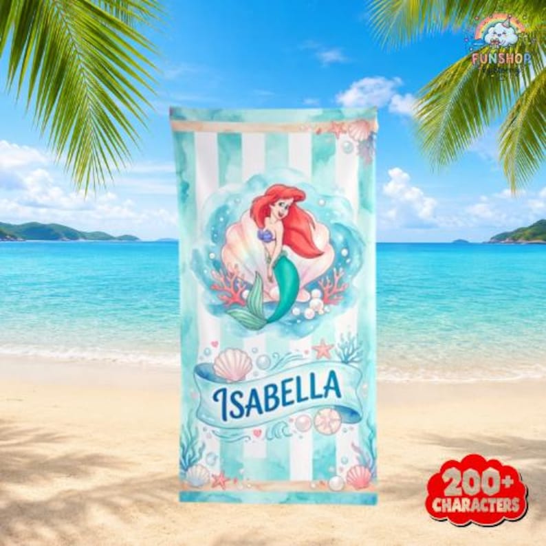 Personalized Disneyland The Little Mermaid Beach Towel, Ariel Princess Summer Beach Trip Towel, Wdw Disneyland Family Summer image 1