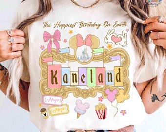 Custom Pastel Disneyland Sign Birthday Coquette Bow T-Shirt, The Happiest Birthday On Earth Shirt, Disneyland Birthday Girl Gift