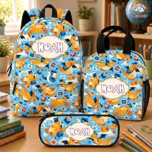Personalized Charizard Dragonite P0kemon Backpack Set, Custom Name Son School Bag, P0kemon Lunch Box & Pencil Case, Back to School Gift