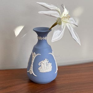 May include: A light blue matte ceramic vase featuring white relief ornamentation of classical figures and botanical motifs. The vase has a narrow neck and a rounded body, containing a single white artificial flower with pointed petals.