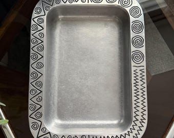 Vintage Wilton Armetale reggaebakplaat, tinnen serveerschaal, geometrisch MCM-brutalistisch decor