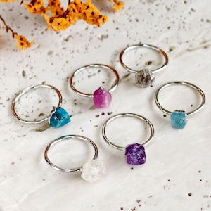 Silver Plated Raw Natural Stone Ring for Women, Amethyst Rings, Ruby Aquamarine Ring, Healing Crystal Jewelry, Gift for Women