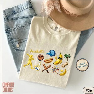 Comfort Colors T-shirt met nep-geborduurde honkbalpatch, Gameday patch shirt, grappig retro sportshirt met banaan, vintage honkbalcadeau voor moeders