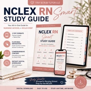May include: A study guide for the NCLEX RN exam, featuring a book, tablet, and smartphone. The cover reads "NCLEX RN Smart Study Guide." The image includes a table of contents and icons for key study areas. The guide is designed for nursing school and NCLEX prep.
