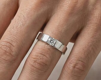 Men's Lab Grown Diamond Solitaire Ring, Solid 18K Rose Gold Platinum Band