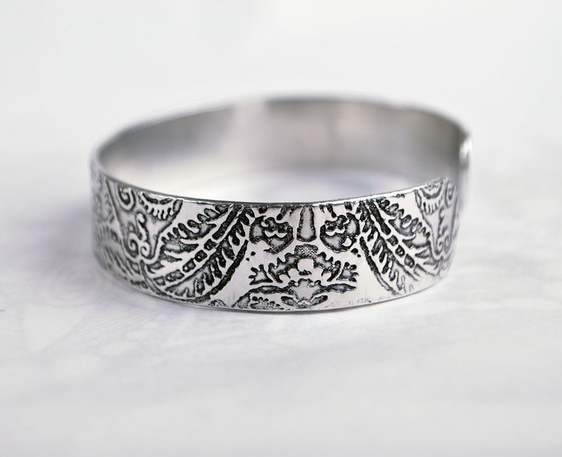 Embossed cuff silver aluminium Indian floral design patina image 2