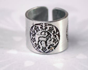 goat ring, stag ring, rabbit ring, animal jewellery, aluminium fashion jewelry, deep band, wax seal style, embossed adjustable ring
